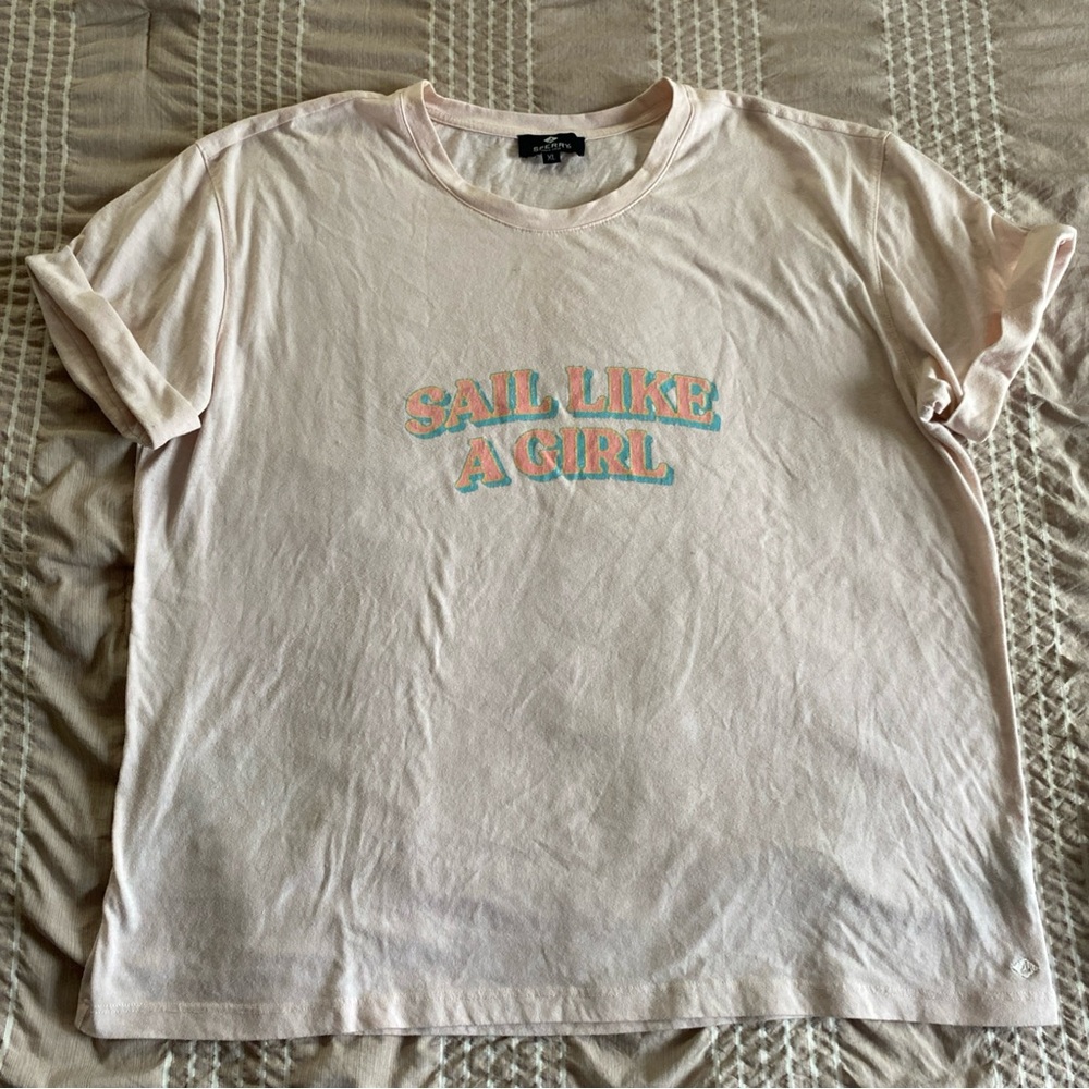 Sperry Womens XL Sail Like A Girl Cuffed Short Sleeve Tee Shirt Dusty Pink